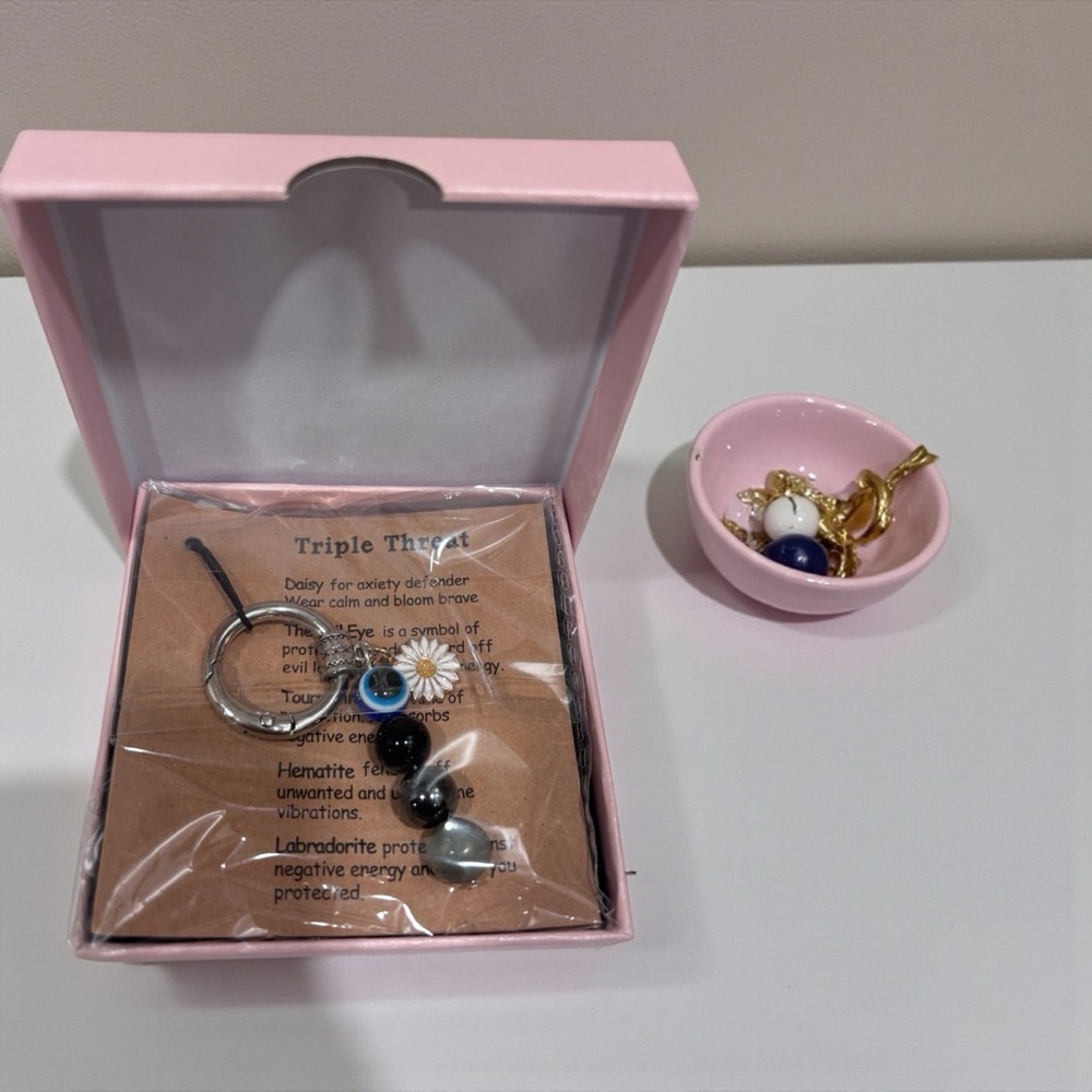 Triple Threat Protection Keychain Evil Eye Daisy Labradorite Hematite NIB